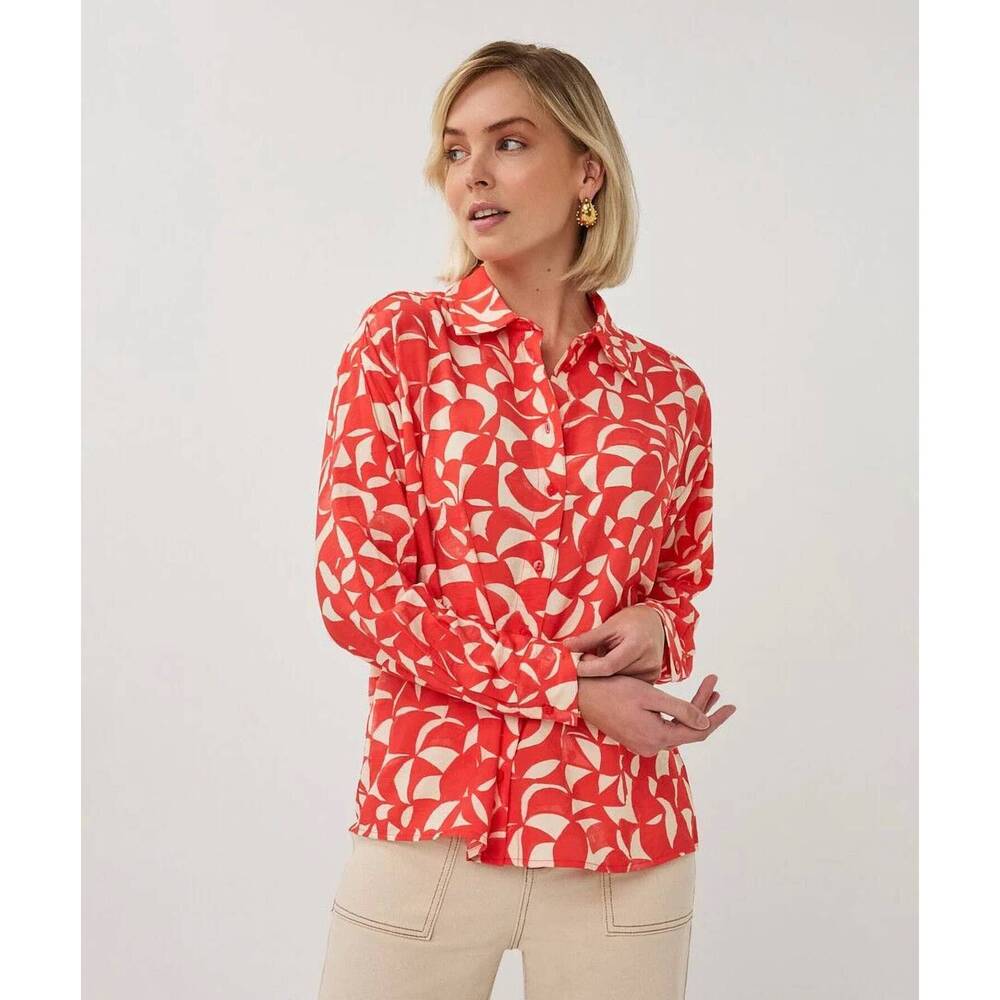 NEW ESQUALO long-sleeved button-down blouse in scarlet graphic print